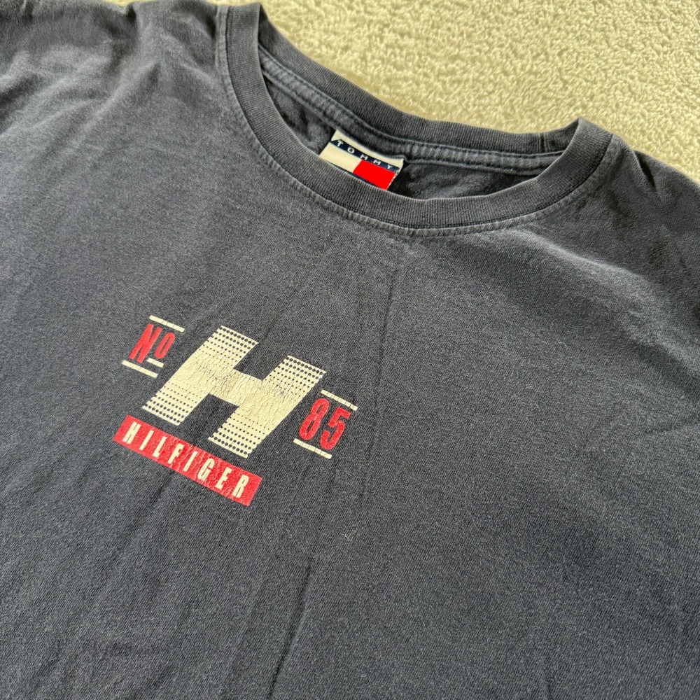 Vintage Tommy Hilfiger‎ Graphic Tee Shirt Navy No. 85 Men's XL Blue Big Logo Y2K